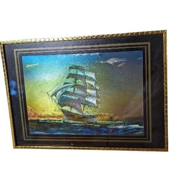Wall Decor Vintage Framed Foil Etching Print Ship Nautical Galleon